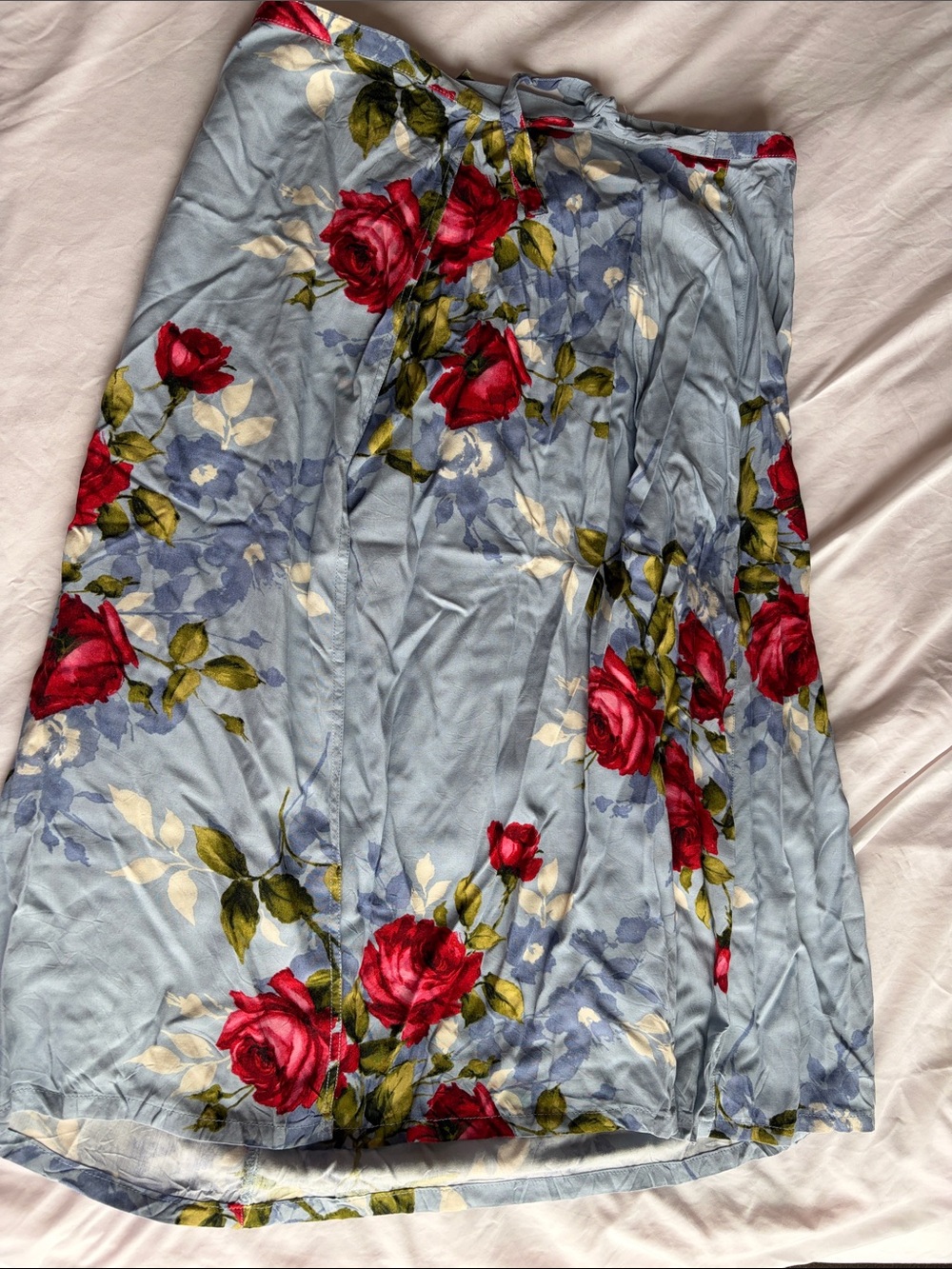 Blue Floral Wrap Midi Skirt with Red Rose Print